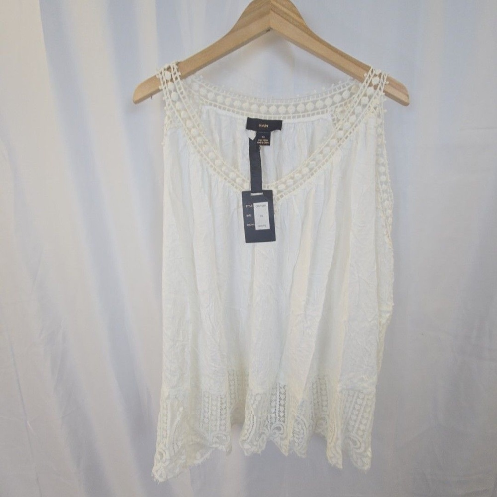 Rain Blouse Womens 3X White Crochet Trim Sleeveless Boho Tunic Top Viscose